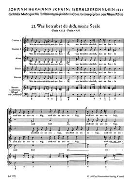 Schein, J: Israelsbruennlein (26 Motets) No.21: Was betruebst du dich (G)