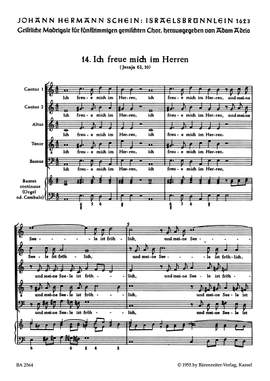 Schein, J: Israelsbruennlein (26 Motets) No.14: Ich freue mich im Herren (G)