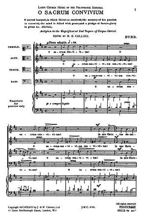 William Byrd: O Sacrum Convivium (Collins) Satb (L)