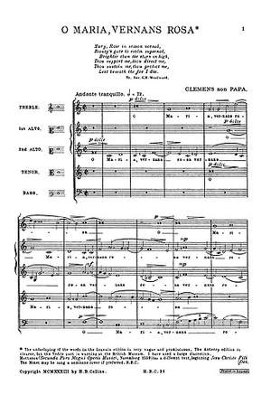 Jacobus Clemens non Papa: O Maria Vernans Rosa for SAATB Chorus Hbc 34