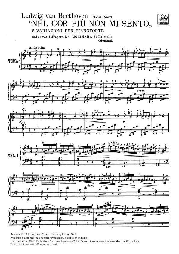 Beethoven Variations Woo 70 Vol 1 On Nel Cor Piu Non Mi Sento Presto Sheet Music