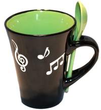 Music Note Mug W/ Spoon Black & Green In Gift Box