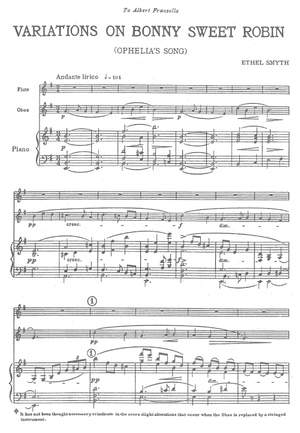 Smyth, Ethel: Variations on Bonny Sweet Robin (Ophelia’s Song) for flute, oboe and piano