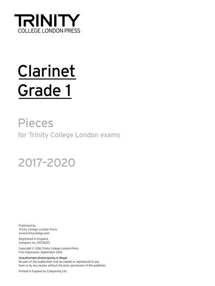 Trinity Clarinet Exam Pieces 2017-2020. Grade 1 (Part Only)