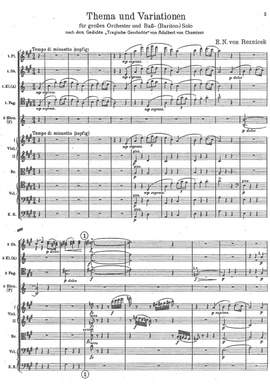 Rezniček, Emil Nikolaus von: Thema und Variationen nach dem Gedicht „Tragische Geschichte“ von Adalbert von Chamisso for grand orchestra and bass (-baritone) Solo