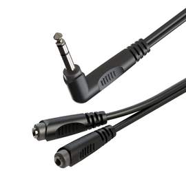 Roxtone splitter – 6.35mm stereo right angle plug to 2 x 3.5mm stereo sockets