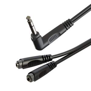 Roxtone splitter – 6.35mm stereo right angle plug to 2 x 3.5mm stereo sockets