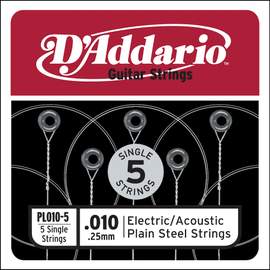 D'Addario PL010-5 Plain Steel Guitar Single String, .010 5-pack