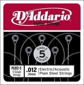 D'Addario PL012-5 Plain Steel Guitar Single String, .012 5-pack
