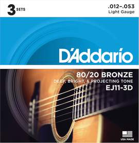 D'Addario EJ11-3D 80/20 Bronze Acoustic Guitar Strings, Light, 12-53, 3 Sets 