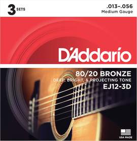 D'Addario EJ12-3D 80/12 Bronze Acoustic Guitar Strings, Medium, 13-56, 3 Sets 