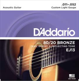 D'Addario EJ13 80/20 Bronze Acoustic Guitar Strings, Custom Light, 11-52 