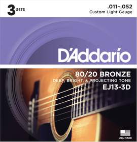 D'Addario EJ13-3D 80/20 Bronze Acoustic Guitar Strings, Custom Light, 11-52, 3 Sets 