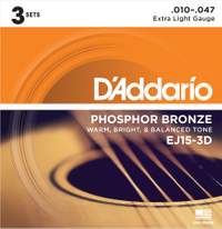 D'Addario EJ15-3D Phosphor Bronze Acoustic Guitar Strings, Extra Light, 3 Sets
