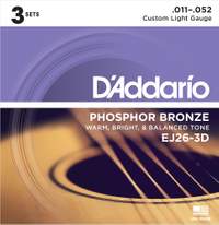 D'Addario EJ26-3D Phosphor Bronze Acoustic Guitar Strings, Custom Light, 11-52, 3 Sets