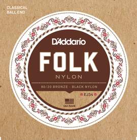 D'Addario EJ34 Folk Nylon Guitar Strings, Ball End, 80/20 Bronze/Black Nylon Trebles