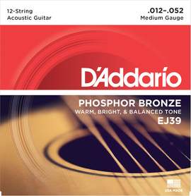 D'Addario EJ39 12-String Phosphor Bronze Acoustic Guitar Strings, Medium, 12-52 