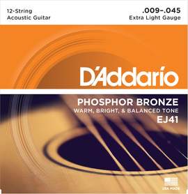 D'Addario EJ41 12-String Phosphor Bronze Acoustic Guitar Strings, Extra Light, 9-45 