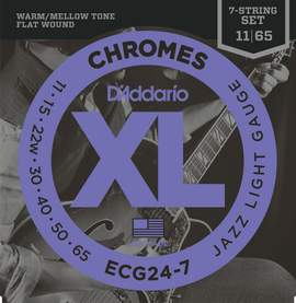 D'Addario ECG24-7 Chromes Flat Wound 7-String Electric Guitar Strings, Jazz Light, 11-65 