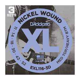 D'Addario EXL116-3D Nickel Wound Electric Guitar Strings, Medium Top/Heavy Bottom, 11-52, 3 Sets 