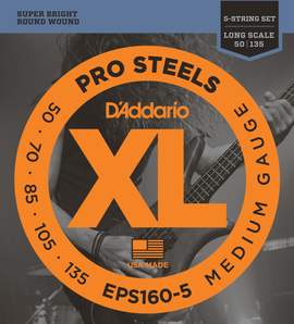 D'Addario EPS160-5 5-String ProSteels Bass Guitar Strings, Medium, 50-135, Long Scale 