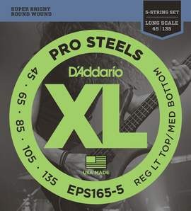 D'Addario EPS165-5 5-String ProSteels Bass Guitar Strings, Custom Light, 45-135, Long Scale 