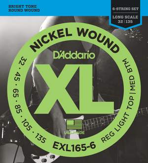 D'Addario EXL165-6 6-String Nickel Wound Bass Guitar Strings, Custom Light, 32-135, Long Scale