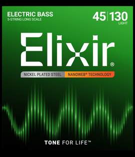 Elixir Nickel Plated Steel 5-String Bass Strings Nanoweb Long Scale, Light (.045-.130)