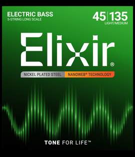Elixir Nickel Plated Steel 5-String Bass Strings Nanoweb Long Scale, Light/Medium (.045-.135)
