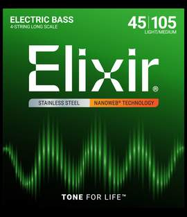 Elixir Stainless Steel 4-String Bass Strings Nanoweb Long Scale, Light/Medium (.045-.105)