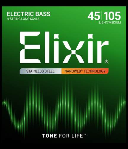 Elixir Stainless Steel 4-String Bass Strings Nanoweb Long Scale, Light/Medium (.045-.105)