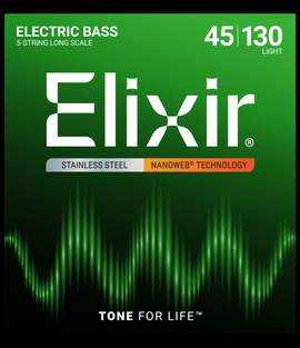 Elixir Stainless Steel 5-String Bass Strings Nanoweb Long Scale, Light (.045-.130)