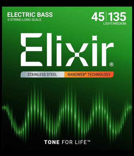 Elixir Stainless Steel 5-String Bass Strings Nanoweb Long Scale, Light/Medium (.045-.135)