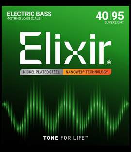 Elixir Nickel Plated Steel 4-String Bass Strings Nanoweb Long Scale, Super Light (.040-.095)