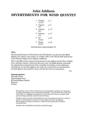 Addison, John: Divertimento For Wind Quintet (Score)