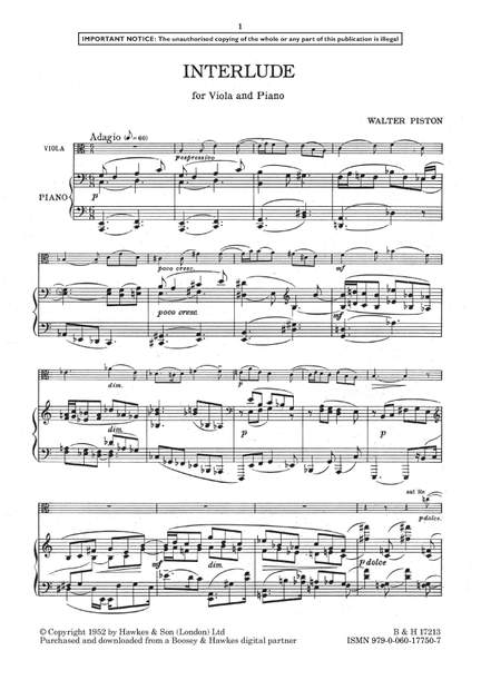 Piston, Walter: Interlude (Viola) - Digital Sheet Music