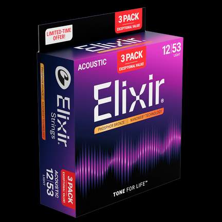 Elixir Acoustic Guitar Strings Nanoweb Phosphor 12-53 Three Pack