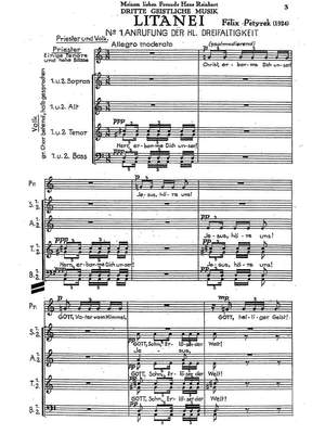Petyrek, Felix: Dritte geistliche Musik: Litanei (for mixed choir, two trumpets, two harps, and percussion)