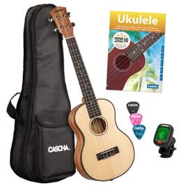 Tenor Ukulele Spruce Solid Top Set (incl. 4 languages Method (DE/EN/FR/ES), Bag padded, 3 Picks, Tun